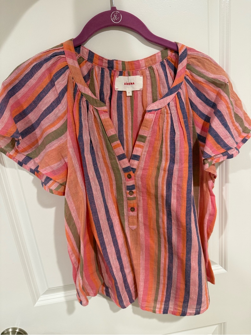 Xirena Pink Multi-Stripe Short Sleeve Peasant Top